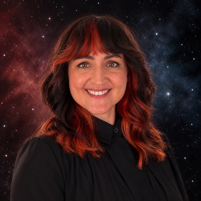 Portrait of Dr. Celia Blanco against a starfield