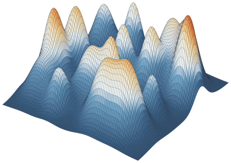 3D surface of a rugged fitness landscape with many peaks of different heights
